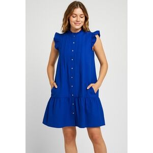 NWT Maia Women's Cobalt Blue Smock Shift Dress, Slip, Ruffled Neck & Sleeves, 10
